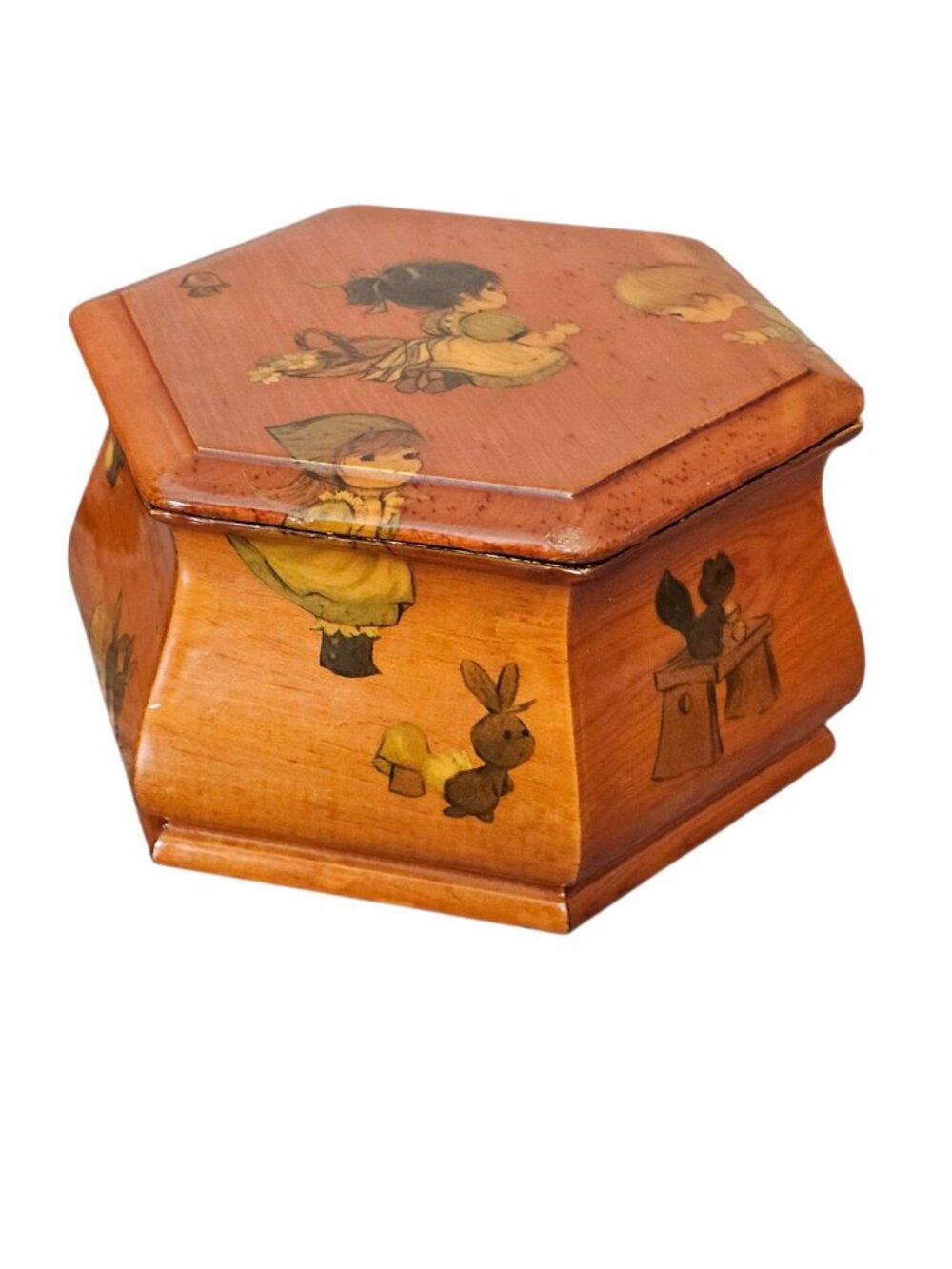 Vintage 70s Decoupage Wooden Octagonal Trinket Jewelry Box Holly Hobbie Style